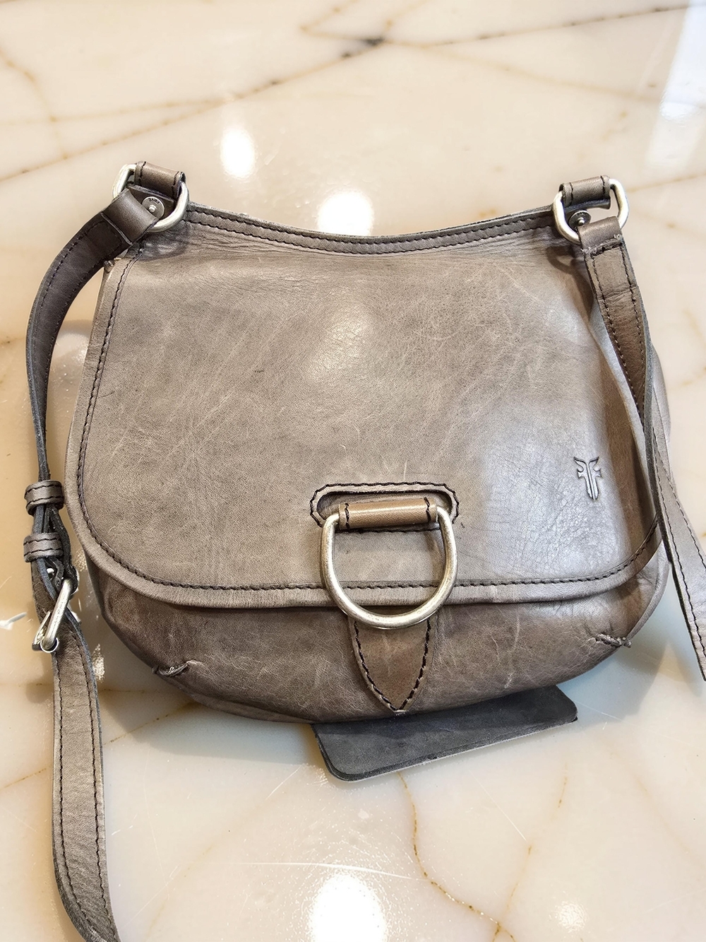 FRYE Lucy Leather Crossbody Saddle Bag - Distressed Marble Grey